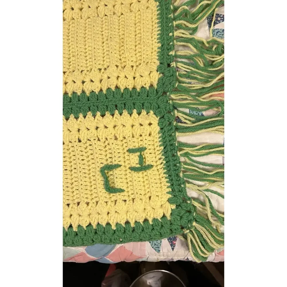 Yellow Green Crochet Afghan Cover Blanket 71